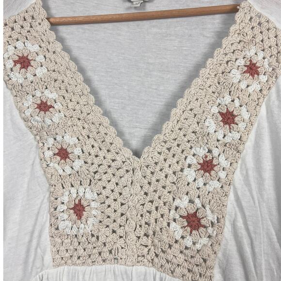 Lucky Brand Womens L Boho Peasant Cottagecore Crochet Granny Square Linen Top - Picture 6 of 11